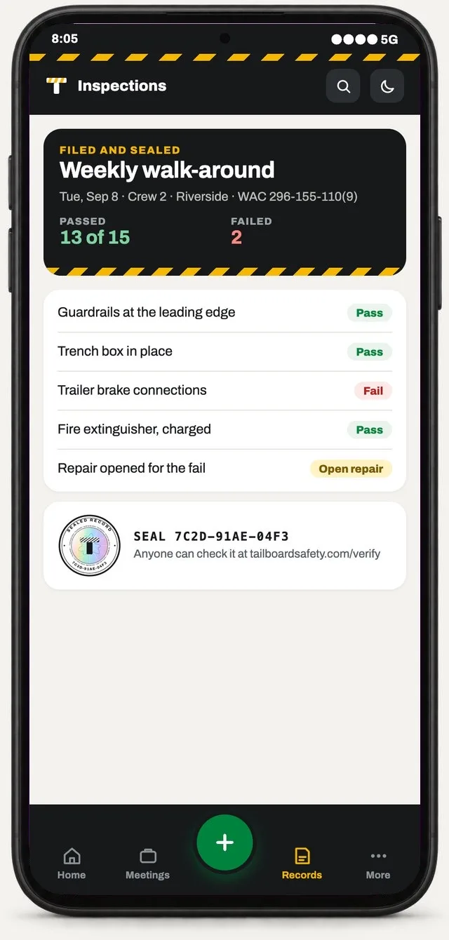 A sealed weekly walk-around inspection: pass and fail lines, an open repair, the seal code